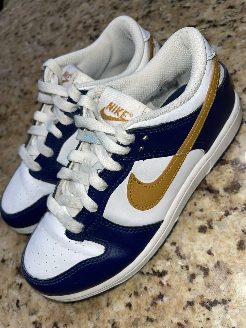 Nike Dunk Low Top Sneakers in White, Navy & Gold